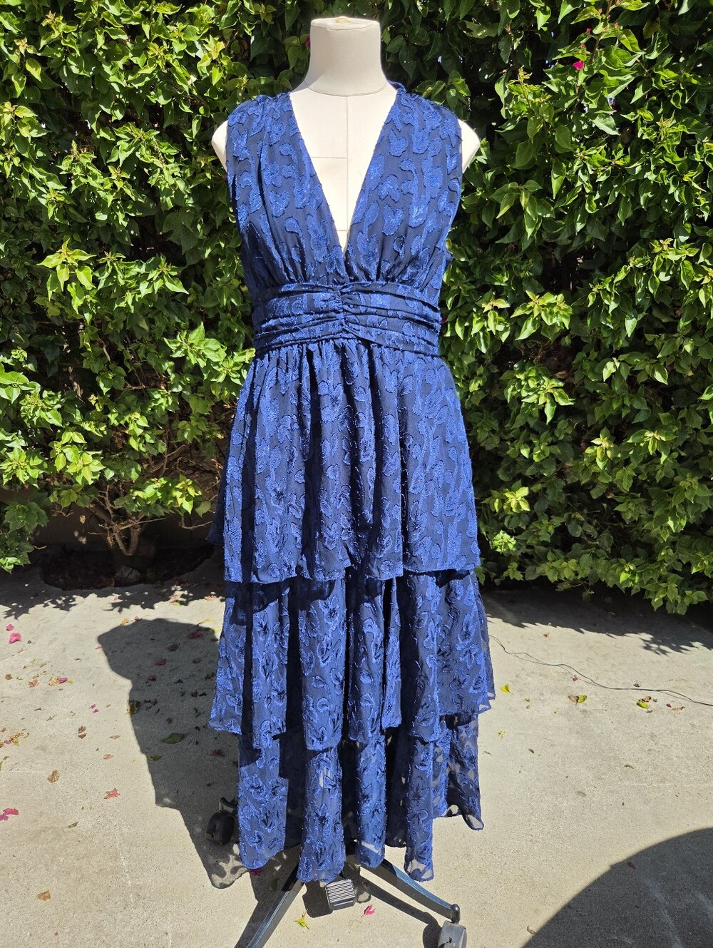 Lulus Make It Mesmerizing Navy Blue Jacquard Midi Dress Women's Large